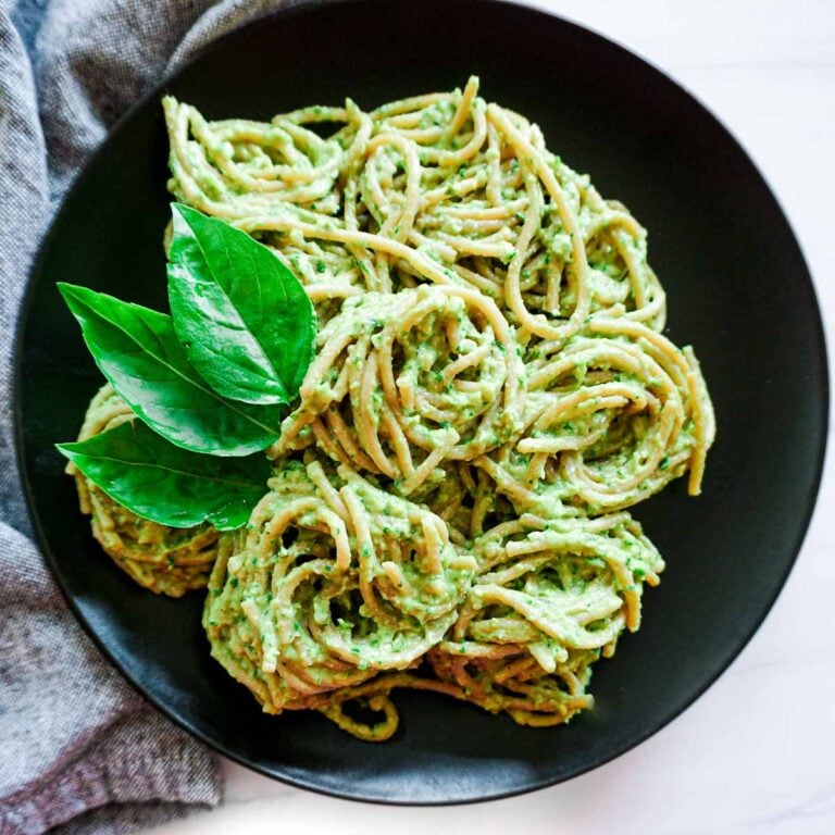 Plated Spaghetti with Avocado Spinach Pesto