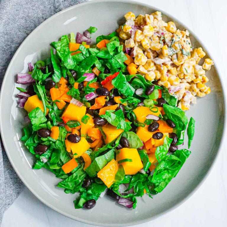 mango black bean salad served with vegan esquites