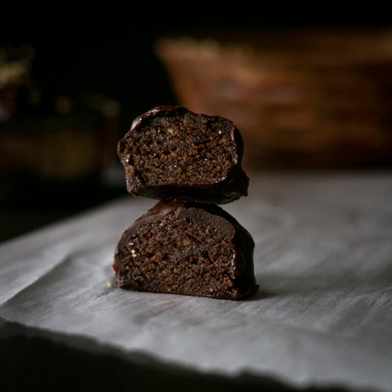 chocolate covered energy bites stacked