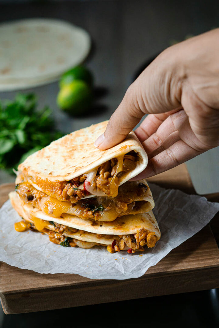 Vegetarian Quesadillas with Crumbled Tempeh Share the Spice