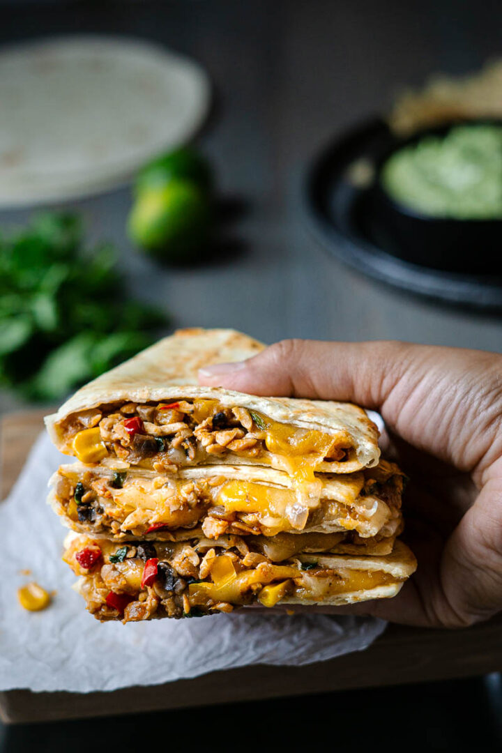 Vegetarian Quesadillas with Crumbled Tempeh Share the Spice