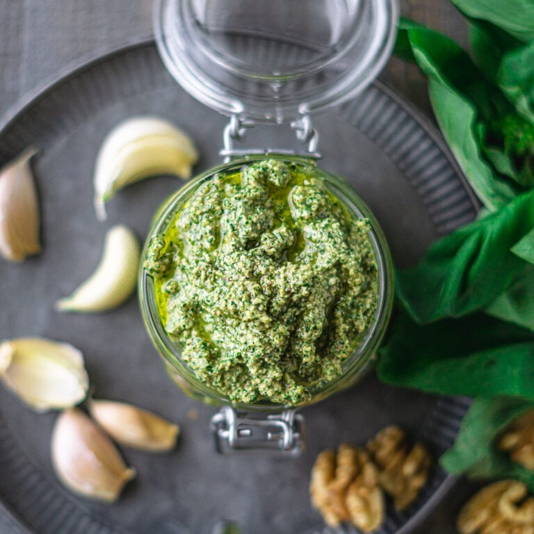 basil walnut pesto in mason jar