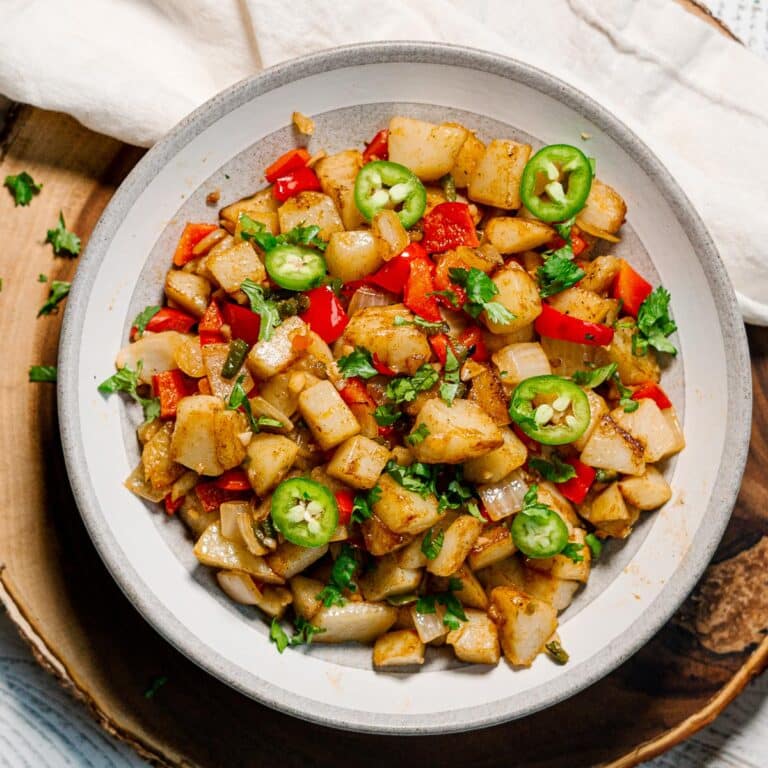 breakfast potato hash with onions, bell peppers, and jalapeños