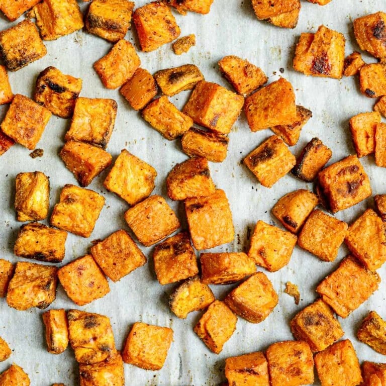 roasted sweet potato cubes with seasoning