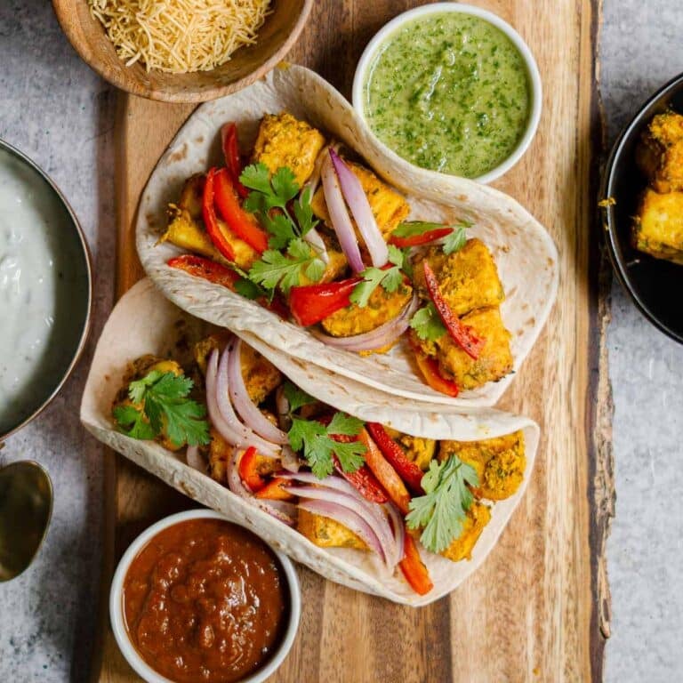paneer tacos served in tortilla with chutneys