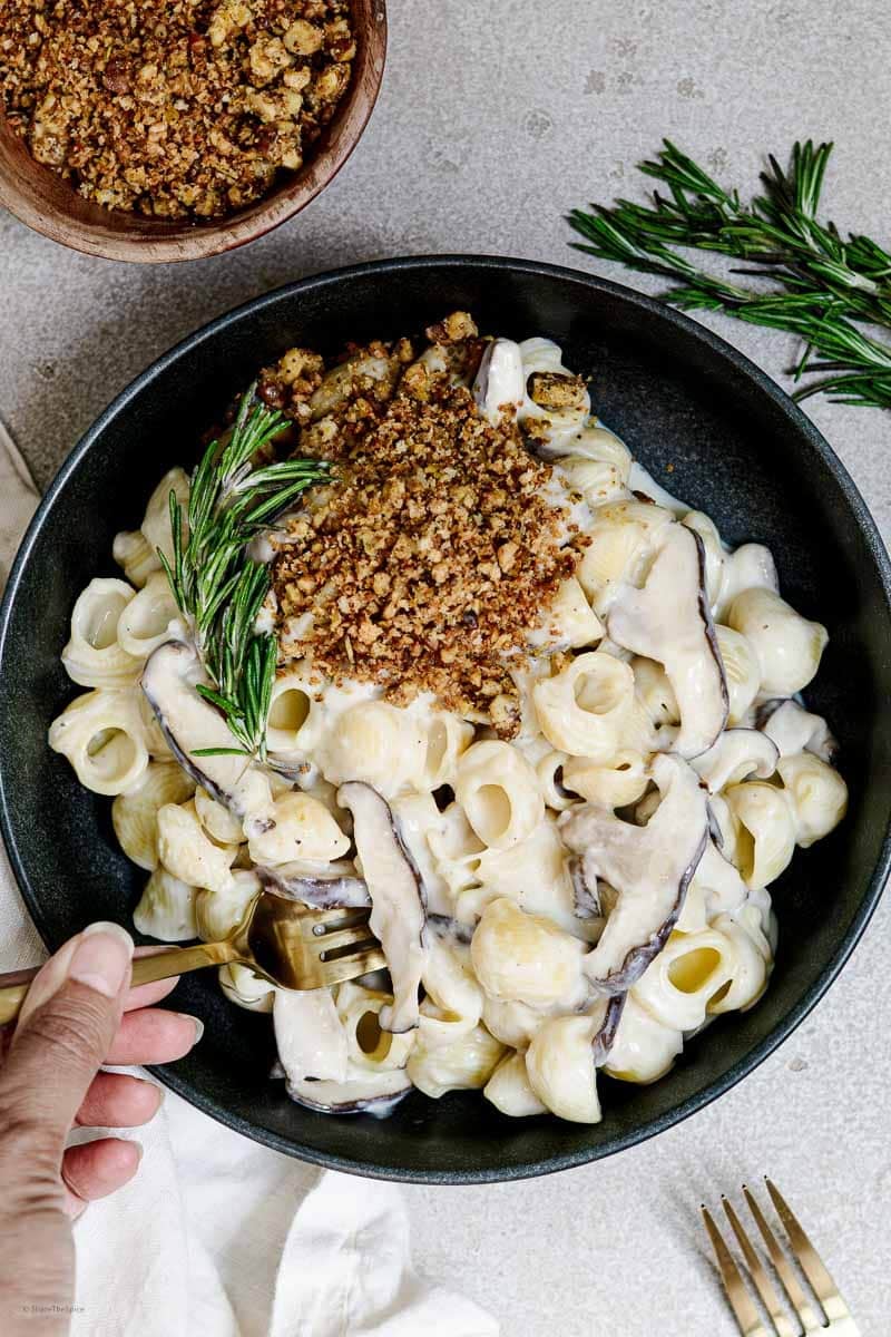creamy vegetarian pasta with mushrooms and rosemary crispy breadcrumbs