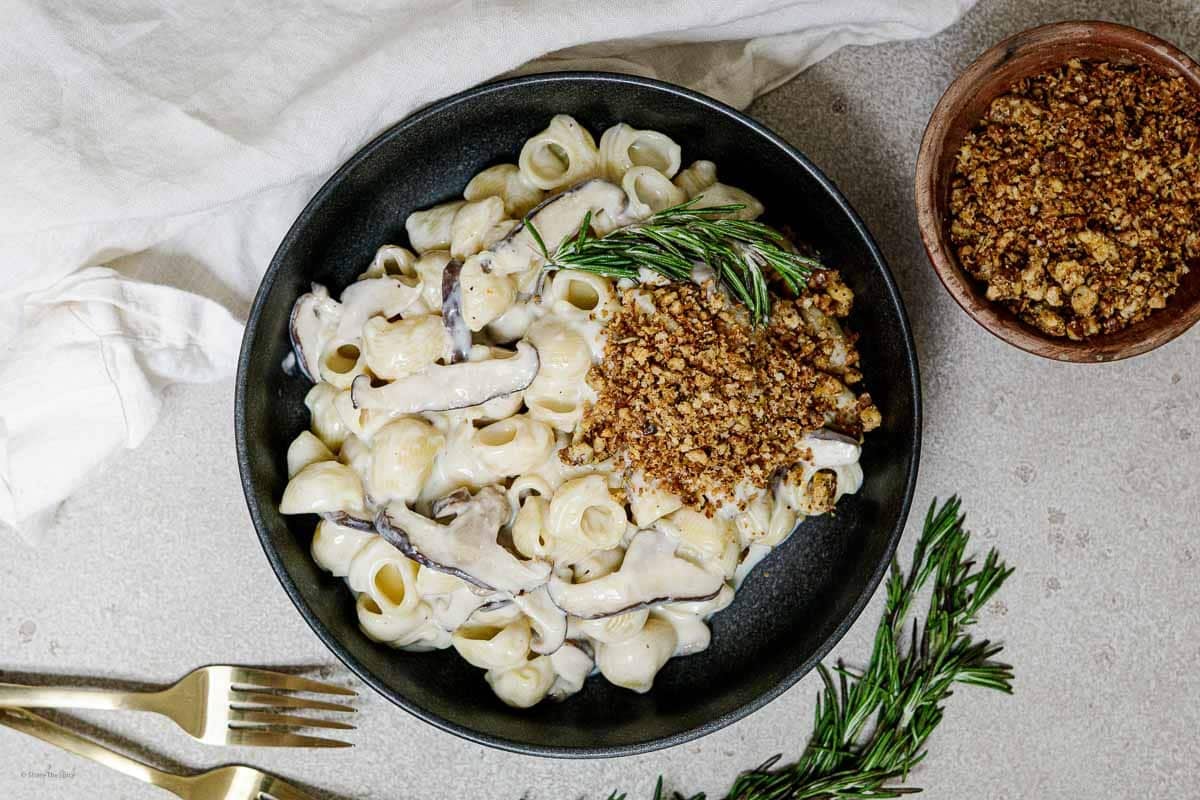 mushroom pasta with rosemary walnut breadcrumbs